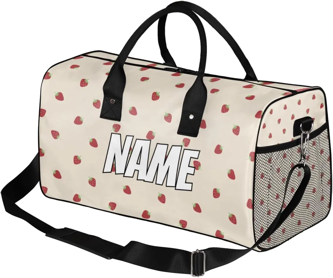 Personalized Cute Strawberry Travel Duffel Bag with Name, Custom Gym Sport Bag Fruit Print Carry On Weekend Overnight Duffel Bag for Men Women