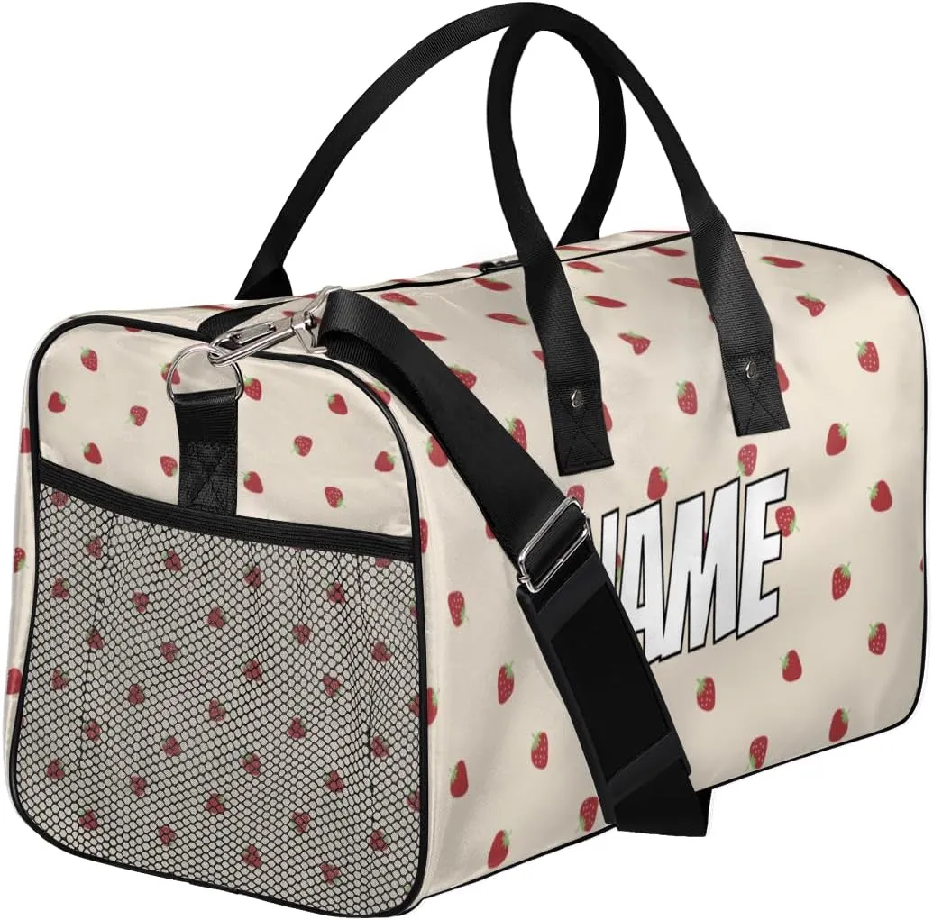 Personalized Cute Strawberry Travel Duffel Bag with Name, Custom Gym Sport Bag Fruit Print Carry On Weekend Overnight Duffel Bag for Men Women
