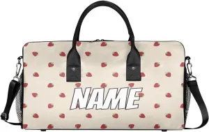 Personalized Cute Strawberry Travel Duffel Bag with Name, Custom Gym Sport Bag Fruit Print Carry On Weekend Overnight Duffel Bag for Men Women