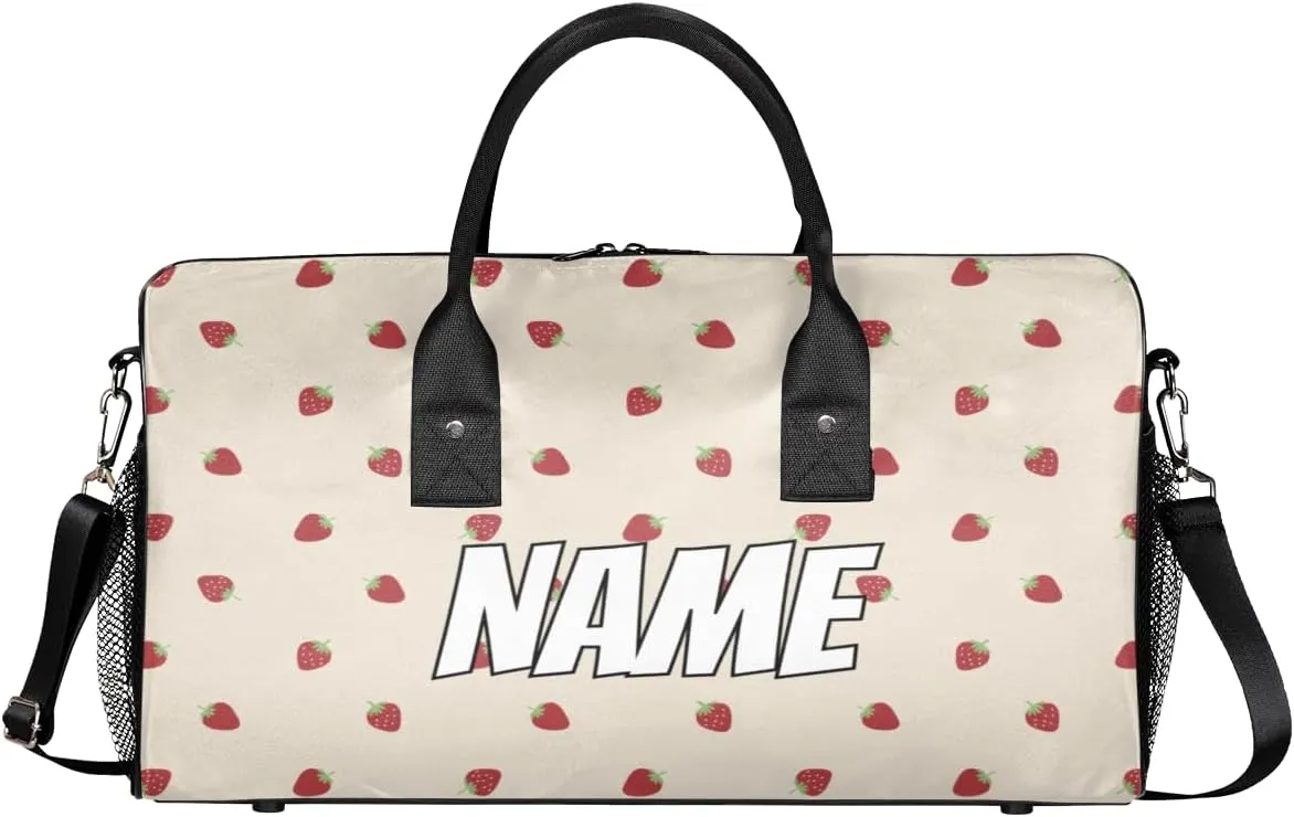 Personalized Cute Strawberry Travel Duffel Bag with Name, Custom Gym Sport Bag Fruit Print Carry On Weekend Overnight Duffel Bag for Men Women