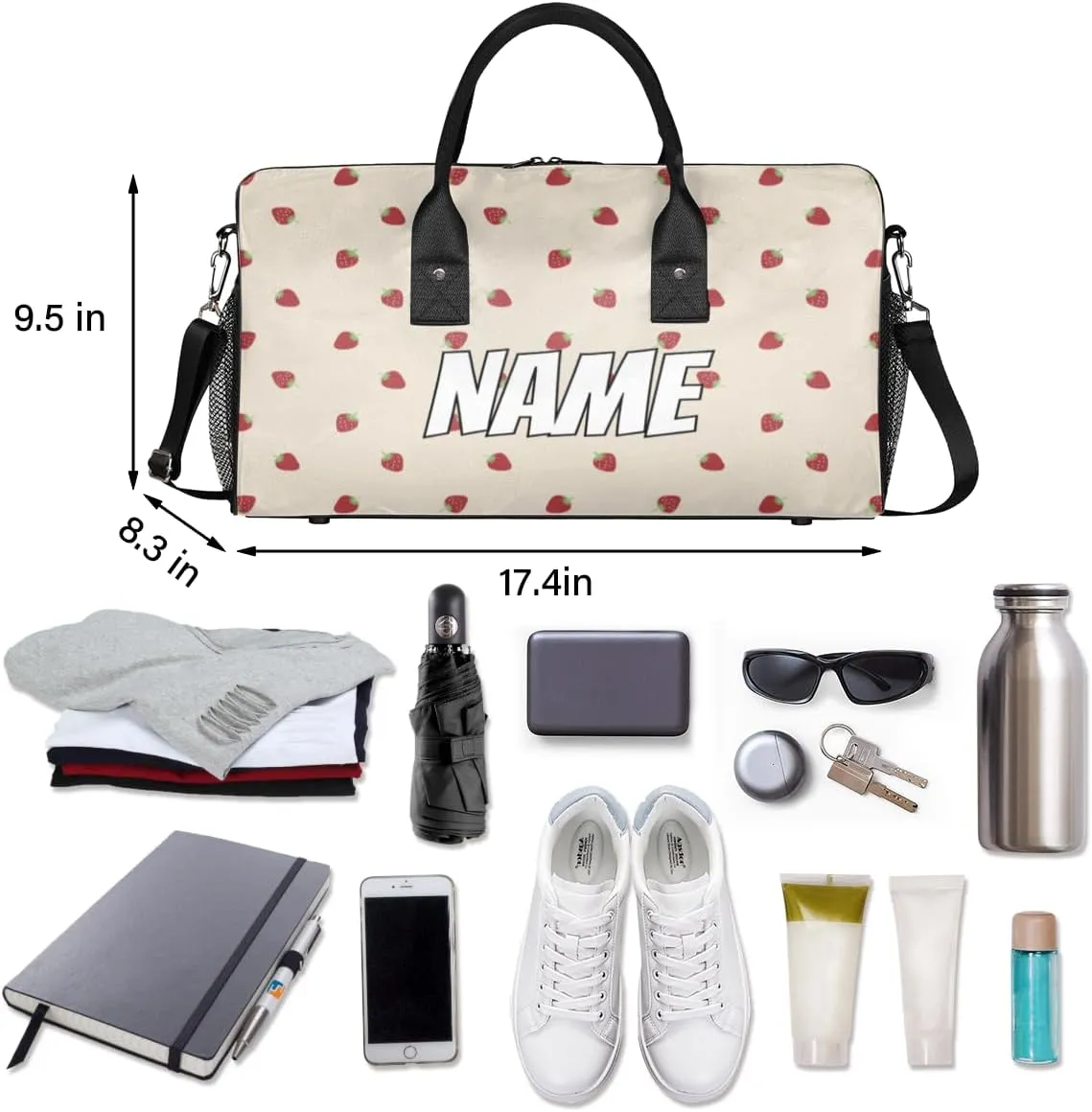 Personalized Cute Strawberry Travel Duffel Bag with Name, Custom Gym Sport Bag Fruit Print Carry On Weekend Overnight Duffel Bag for Men Women