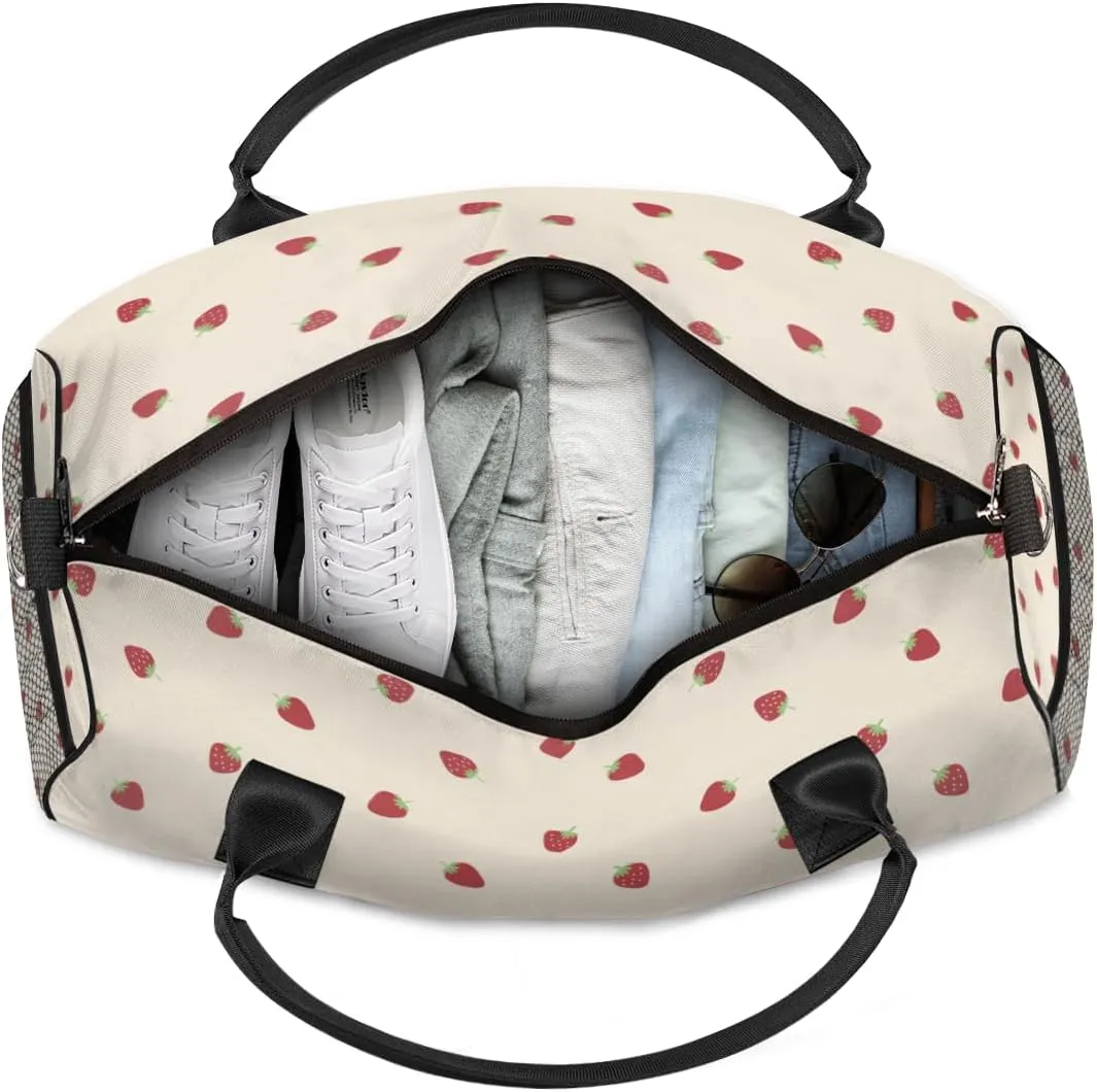 Personalized Cute Strawberry Travel Duffel Bag with Name, Custom Gym Sport Bag Fruit Print Carry On Weekend Overnight Duffel Bag for Men Women