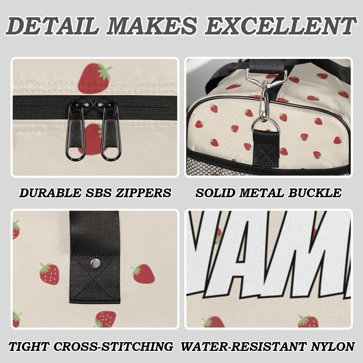 Personalized Cute Strawberry Travel Duffel Bag with Name, Custom Gym Sport Bag Fruit Print Carry On Weekend Overnight Duffel Bag for Men Women