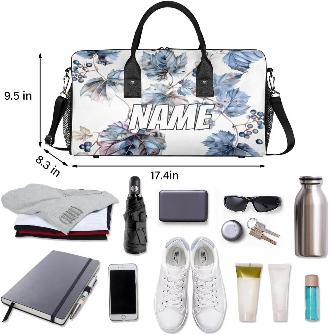 Personalized Grapes Fruit Travel Duffel Bag with Name, Custom Gym Sport Bag Grape Leaves Carry On Weekend Overnight Duffel Bag for Men Women