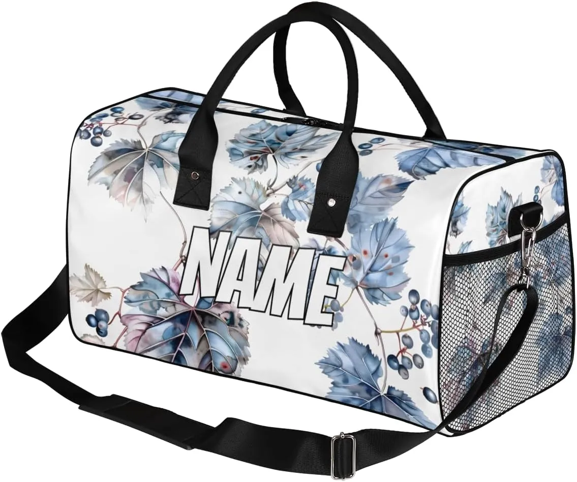 Personalized Grapes Fruit Travel Duffel Bag with Name, Custom Gym Sport Bag Grape Leaves Carry On Weekend Overnight Duffel Bag for Men Women