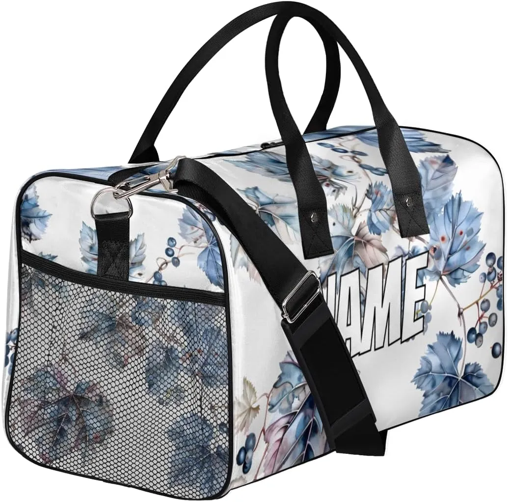 Personalized Grapes Fruit Travel Duffel Bag with Name, Custom Gym Sport Bag Grape Leaves Carry On Weekend Overnight Duffel Bag for Men Women