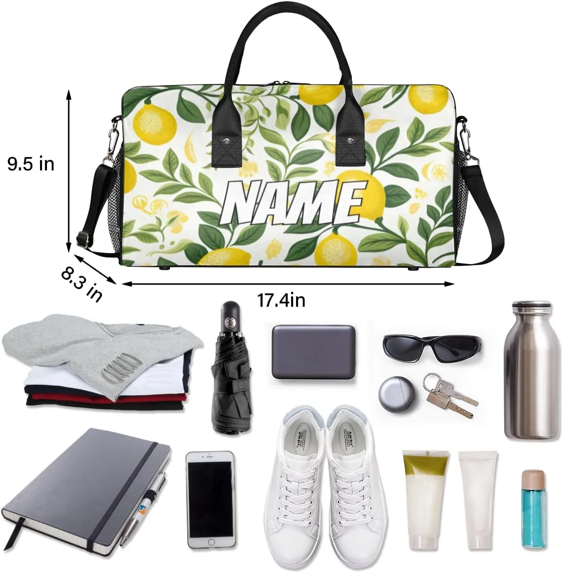 Personalized Lemon Fruit Travel Duffel Bag with Name, Custom Gym Sport Bag Leaves Green Carry On Weekend Overnight Duffel Bag for Men Women