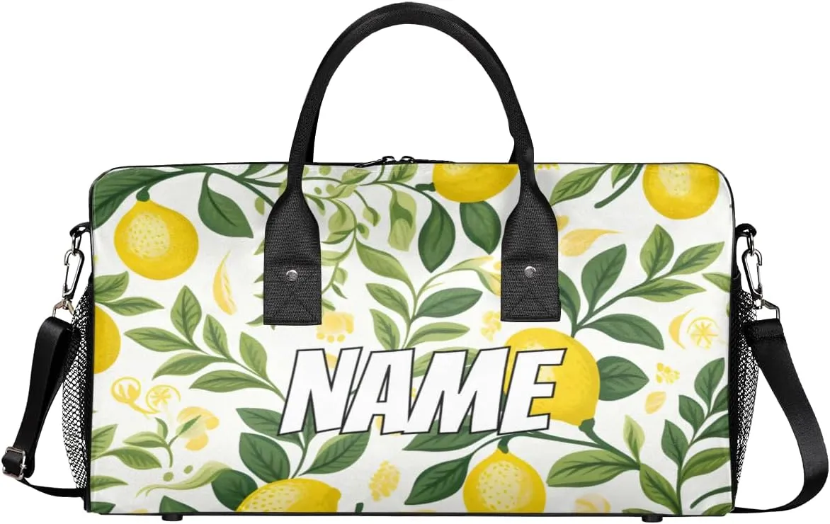 Personalized Lemon Fruit Travel Duffel Bag with Name, Custom Gym Sport Bag Leaves Green Carry On Weekend Overnight Duffel Bag for Men Women
