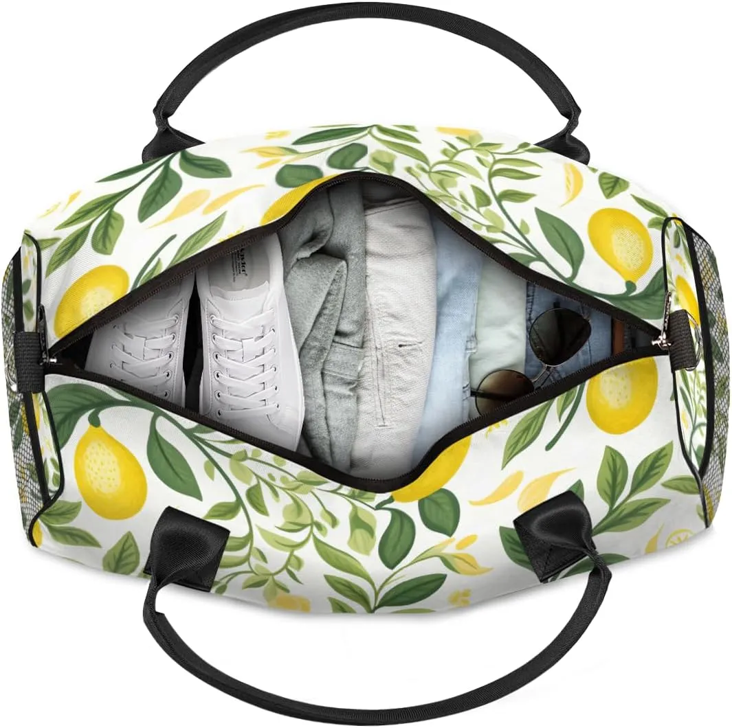 Personalized Lemon Fruit Travel Duffel Bag with Name, Custom Gym Sport Bag Leaves Green Carry On Weekend Overnight Duffel Bag for Men Women