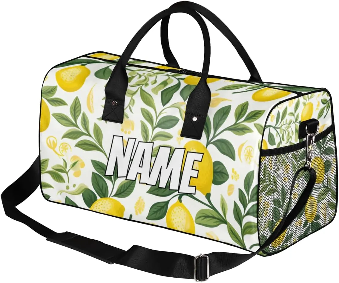 Personalized Lemon Fruit Travel Duffel Bag with Name, Custom Gym Sport Bag Leaves Green Carry On Weekend Overnight Duffel Bag for Men Women