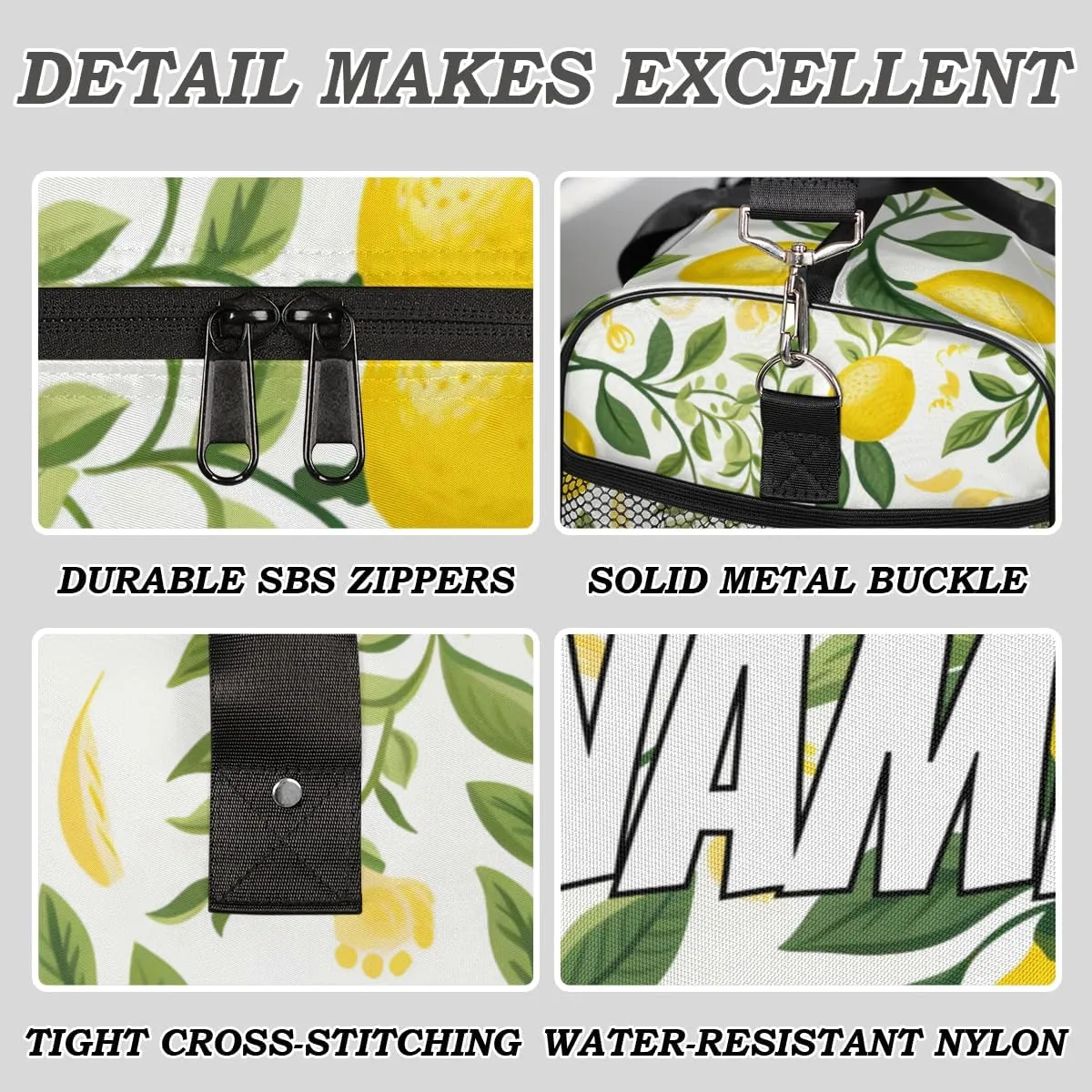Personalized Lemon Fruit Travel Duffel Bag with Name, Custom Gym Sport Bag Leaves Green Carry On Weekend Overnight Duffel Bag for Men Women