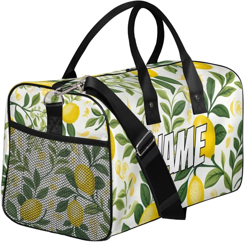 Personalized Lemon Fruit Travel Duffel Bag with Name, Custom Gym Sport Bag Leaves Green Carry On Weekend Overnight Duffel Bag for Men Women