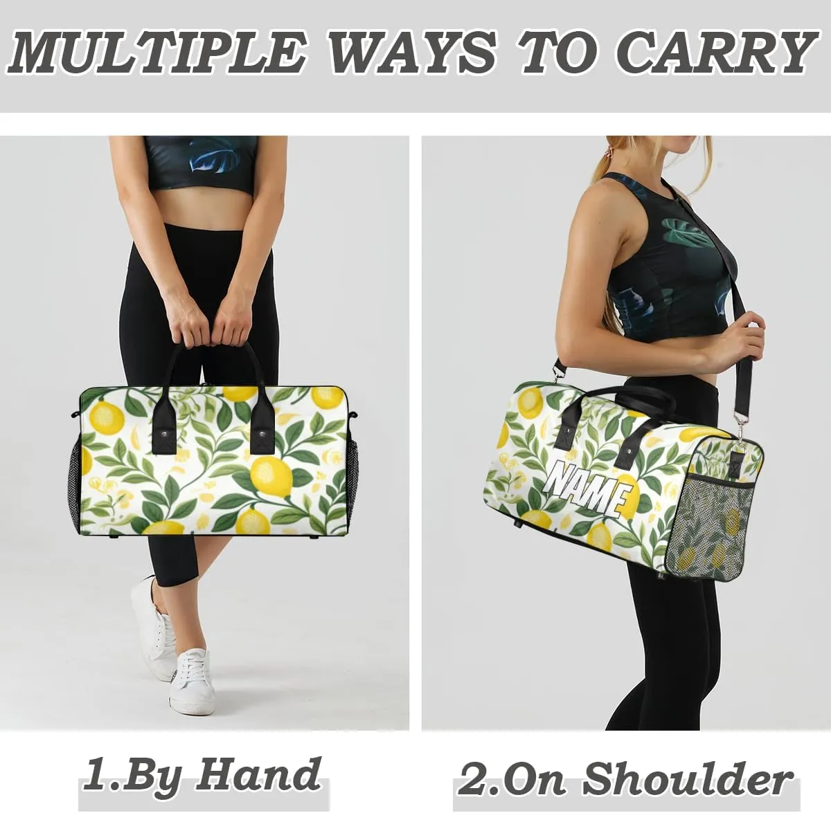 Personalized Lemon Fruit Travel Duffel Bag with Name, Custom Gym Sport Bag Leaves Green Carry On Weekend Overnight Duffel Bag for Men Women