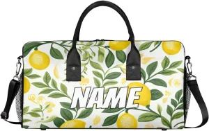Personalized Lemon Fruit Travel Duffel Bag with Name, Custom Gym Sport Bag Leaves Green Carry On Weekend Overnight Duffel Bag for Men Women