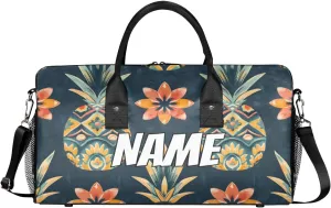 Personalized Pineapple Fruit Travel Duffel Bag with Name, Custom Gym Sport Bag Retro Pattern Carry On Weekend Overnight Duffel Bag for Men Women