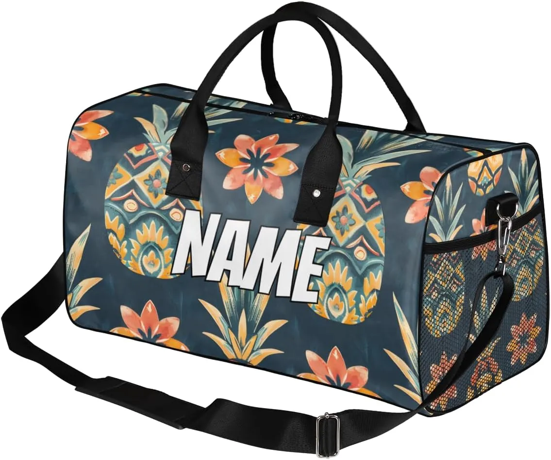 Personalized Pineapple Fruit Travel Duffel Bag with Name, Custom Gym Sport Bag Retro Pattern Carry On Weekend Overnight Duffel Bag for Men Women