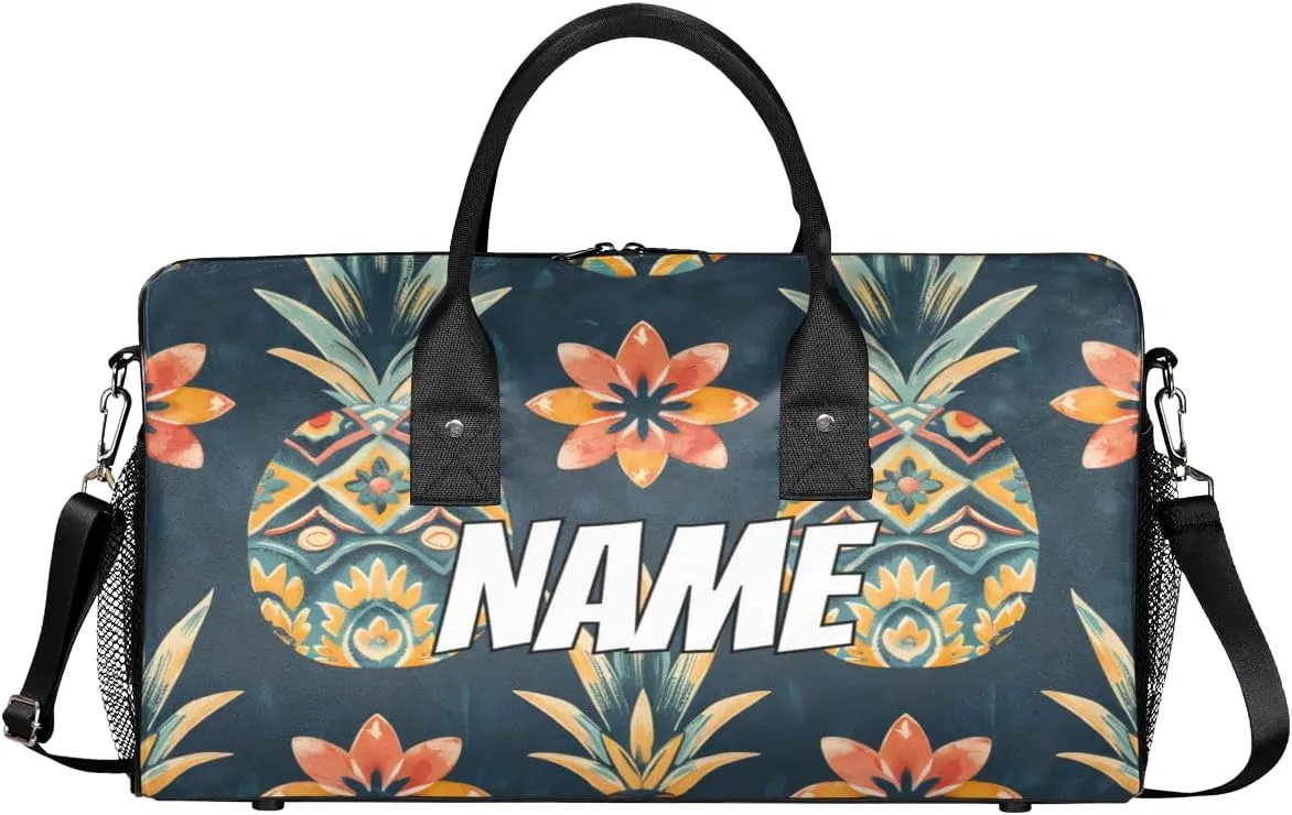 Personalized Pineapple Fruit Travel Duffel Bag with Name, Custom Gym Sport Bag Retro Pattern Carry On Weekend Overnight Duffel Bag for Men Women