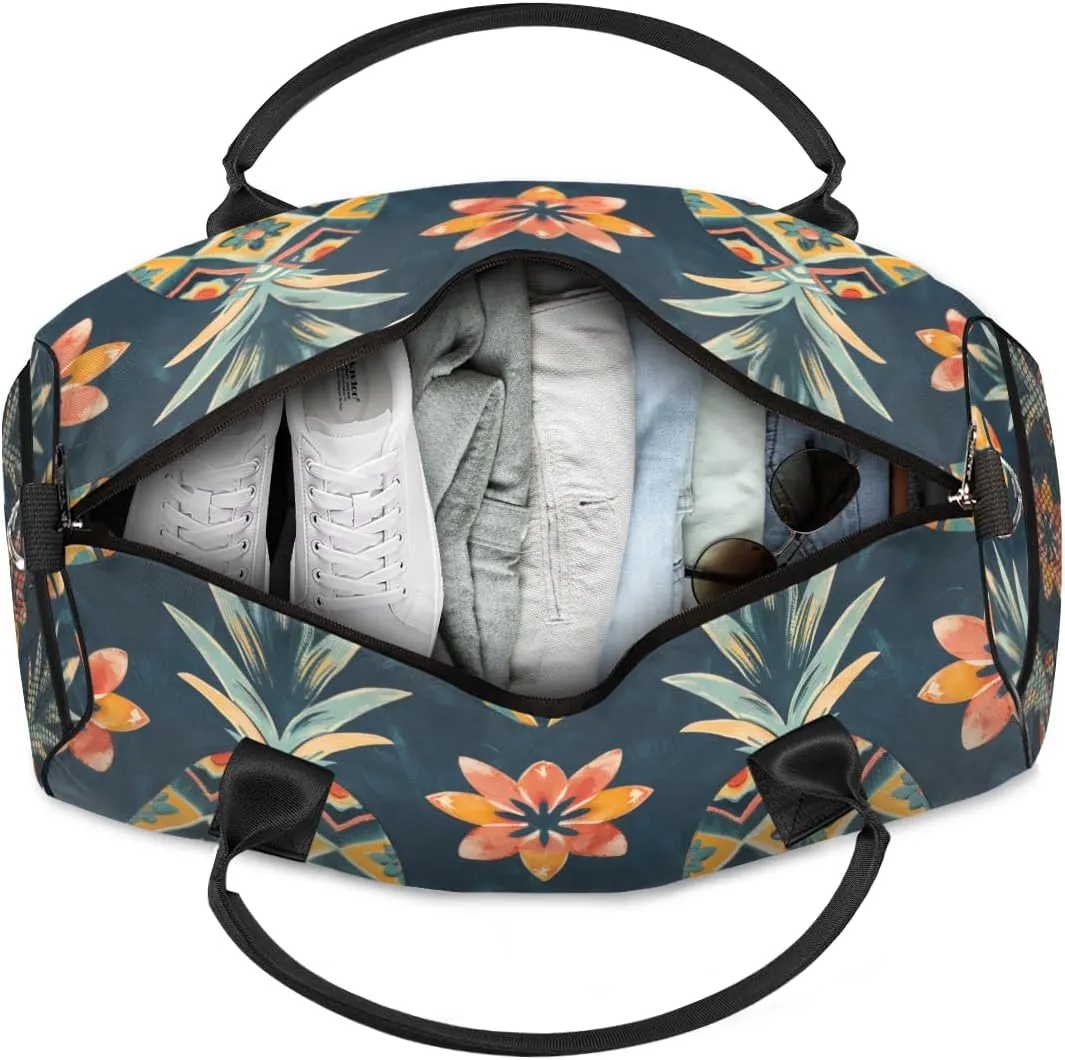 Personalized Pineapple Fruit Travel Duffel Bag with Name, Custom Gym Sport Bag Retro Pattern Carry On Weekend Overnight Duffel Bag for Men Women