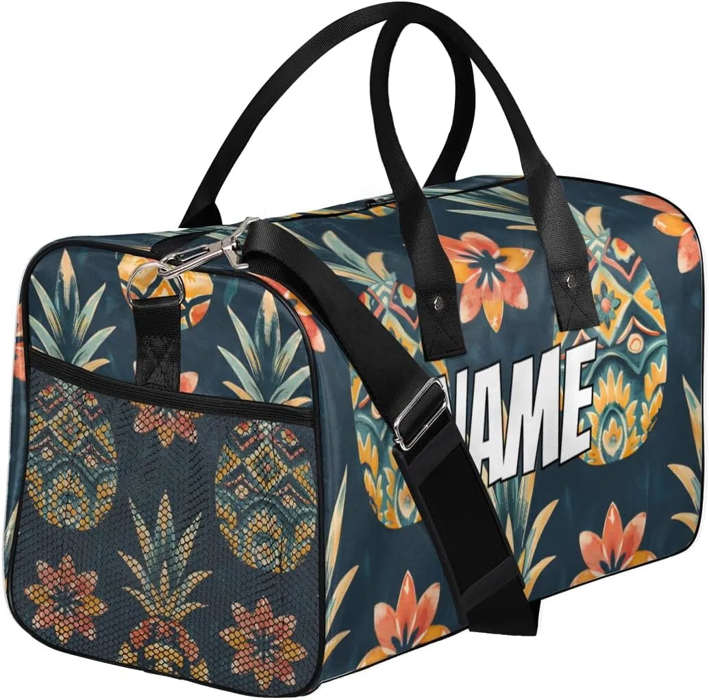 Personalized Pineapple Fruit Travel Duffel Bag with Name, Custom Gym Sport Bag Retro Pattern Carry On Weekend Overnight Duffel Bag for Men Women