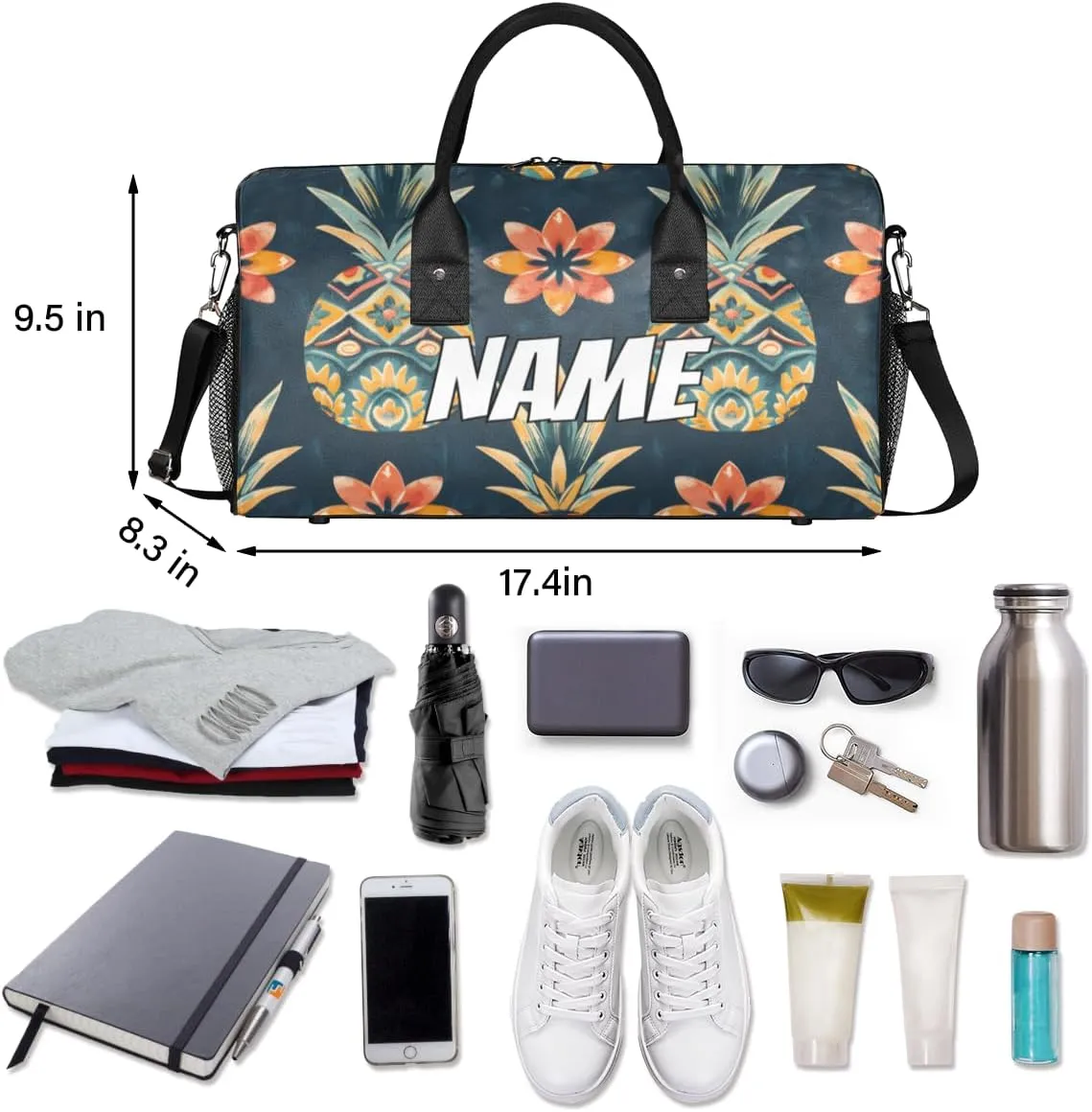 Personalized Pineapple Fruit Travel Duffel Bag with Name, Custom Gym Sport Bag Retro Pattern Carry On Weekend Overnight Duffel Bag for Men Women