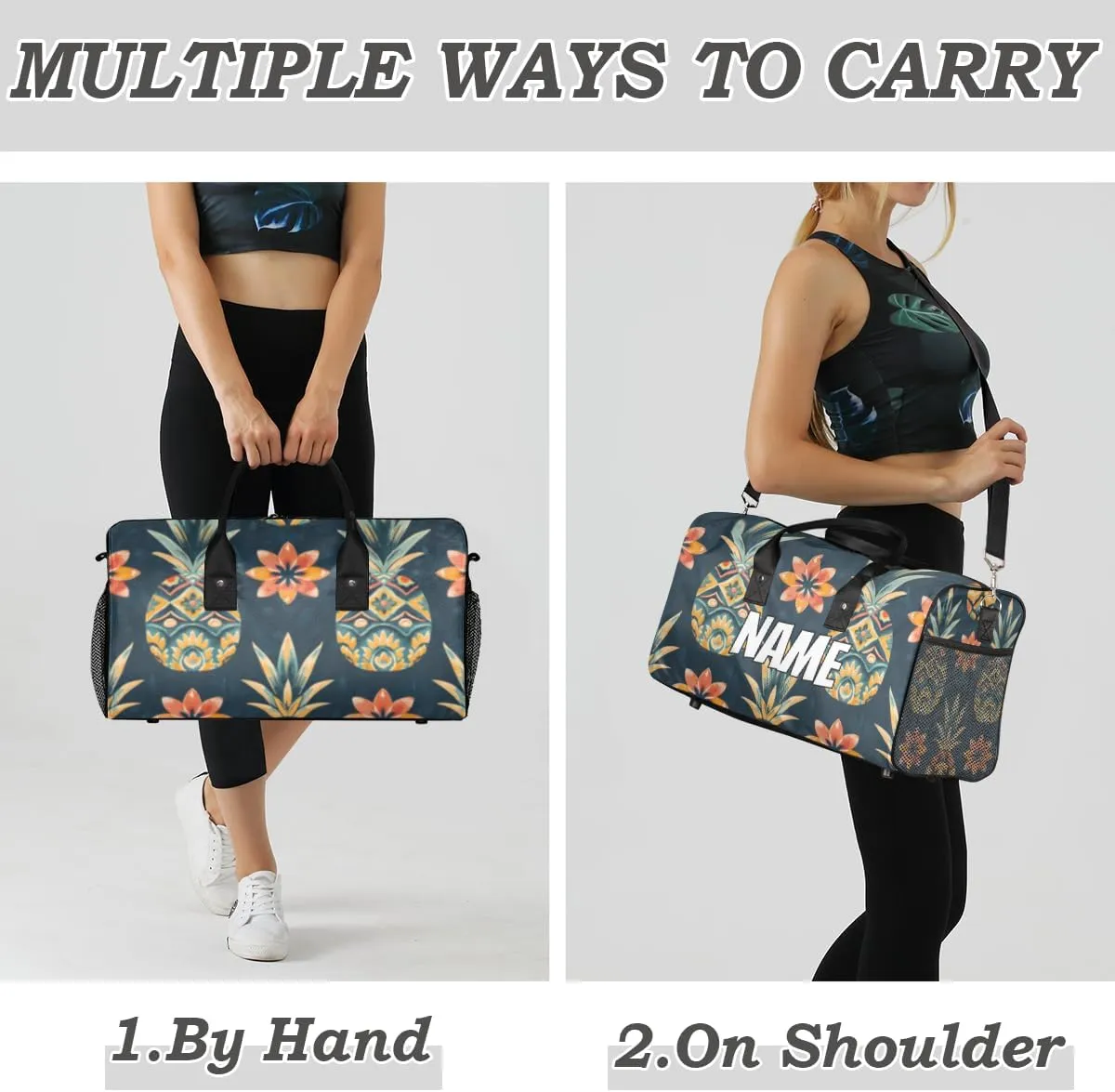 Personalized Pineapple Fruit Travel Duffel Bag with Name, Custom Gym Sport Bag Retro Pattern Carry On Weekend Overnight Duffel Bag for Men Women