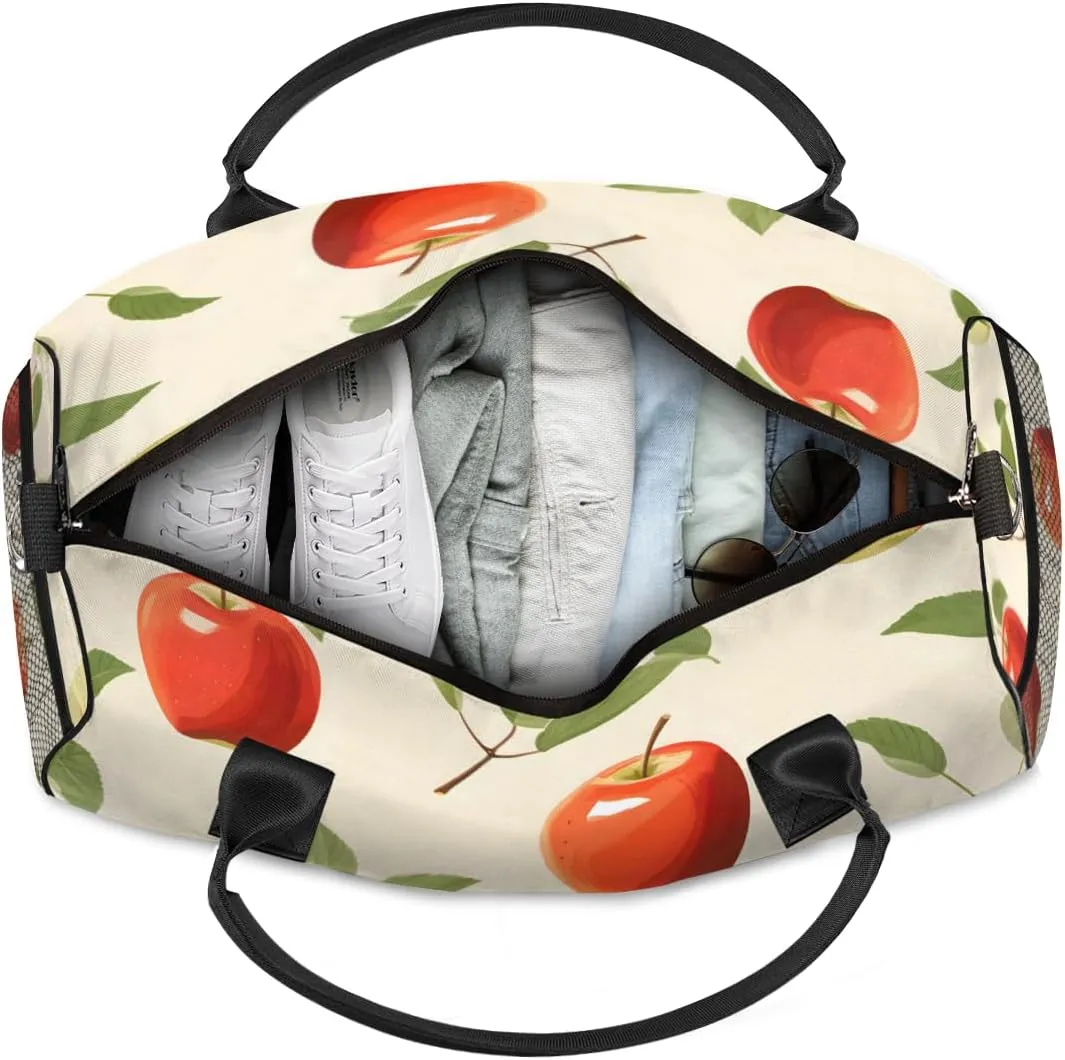 Personalized Red Apples Travel Duffel Bag with Name, Custom Gym Sport Bag Fruit Leaves Carry On Weekend Overnight Duffel Bag for Men Women
