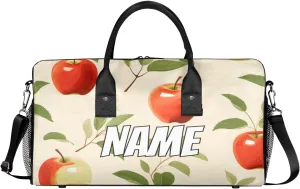 Personalized Red Apples Travel Duffel Bag with Name, Custom Gym Sport Bag Fruit Leaves Carry On Weekend Overnight Duffel Bag for Men Women