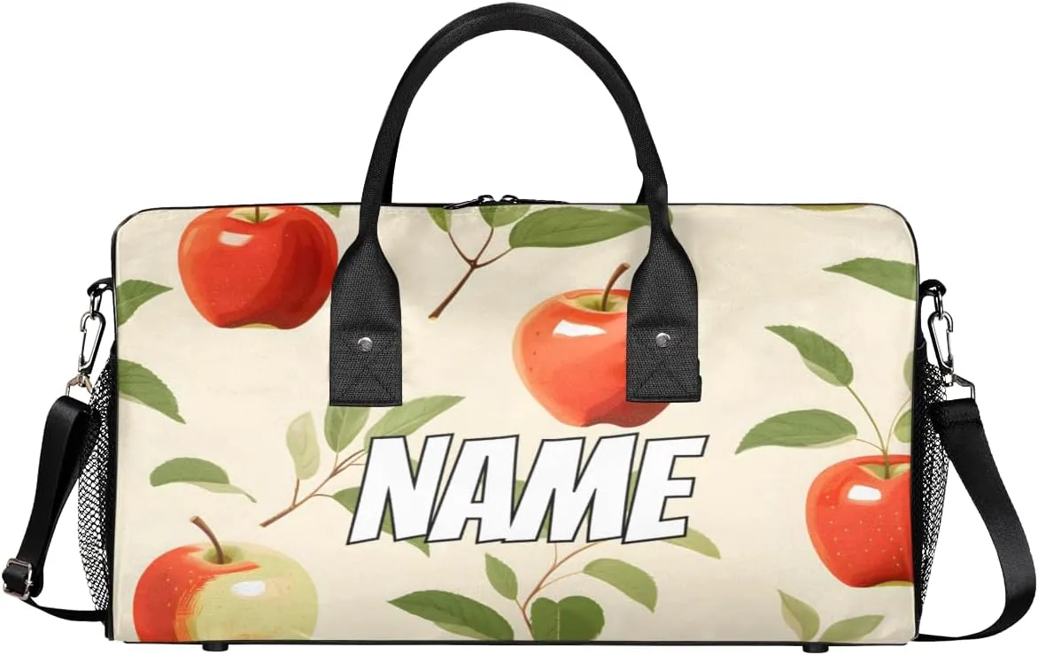 Personalized Red Apples Travel Duffel Bag with Name, Custom Gym Sport Bag Fruit Leaves Carry On Weekend Overnight Duffel Bag for Men Women