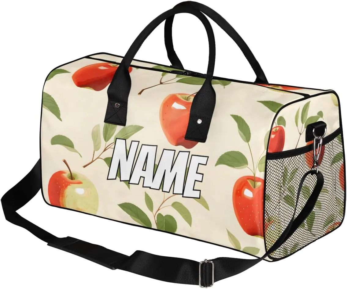 Personalized Red Apples Travel Duffel Bag with Name, Custom Gym Sport Bag Fruit Leaves Carry On Weekend Overnight Duffel Bag for Men Women