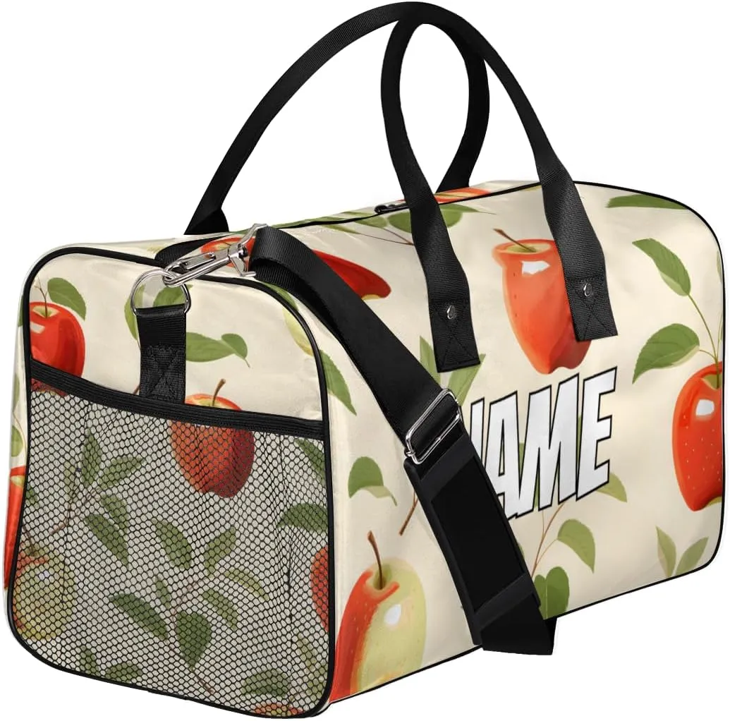 Personalized Red Apples Travel Duffel Bag with Name, Custom Gym Sport Bag Fruit Leaves Carry On Weekend Overnight Duffel Bag for Men Women