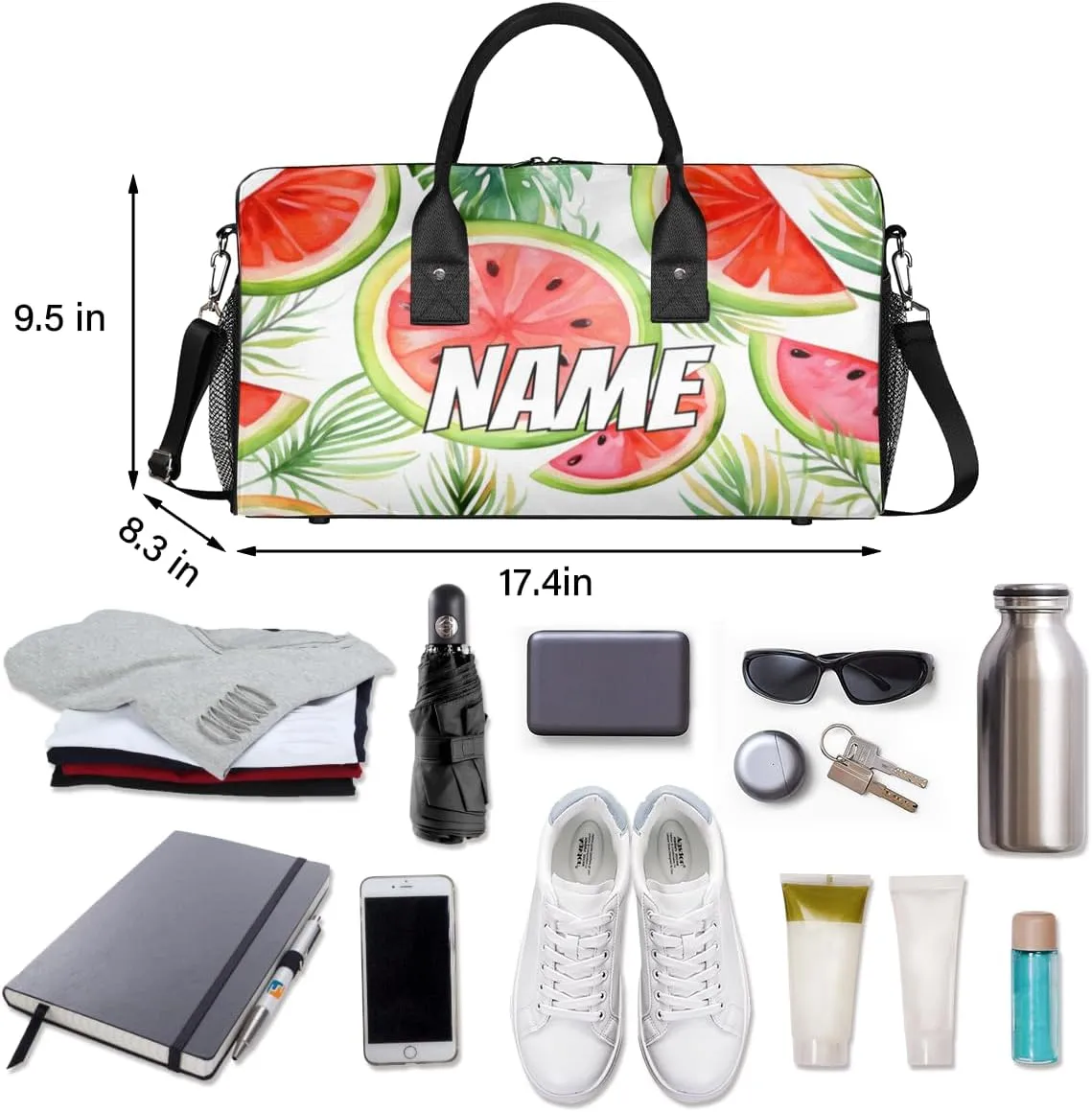 Personalized Summer Watermelon Travel Duffel Bag with Name, Custom Gym Sport Bag Cartoon Fruit Carry On Weekend Overnight Duffel Bag for Men Women