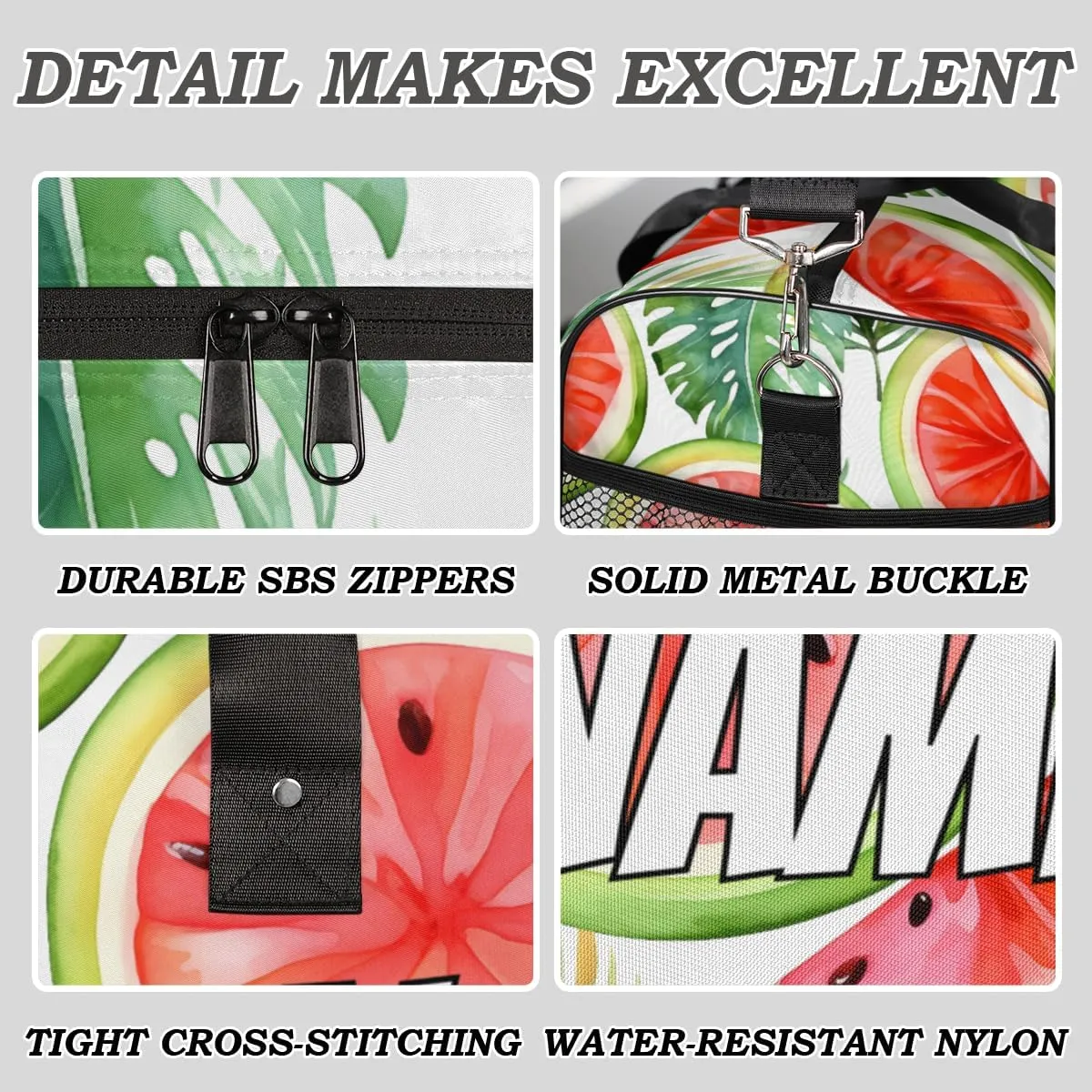 Personalized Summer Watermelon Travel Duffel Bag with Name, Custom Gym Sport Bag Cartoon Fruit Carry On Weekend Overnight Duffel Bag for Men Women