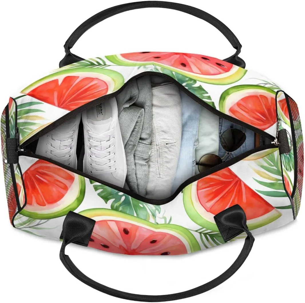 Personalized Summer Watermelon Travel Duffel Bag with Name, Custom Gym Sport Bag Cartoon Fruit Carry On Weekend Overnight Duffel Bag for Men Women