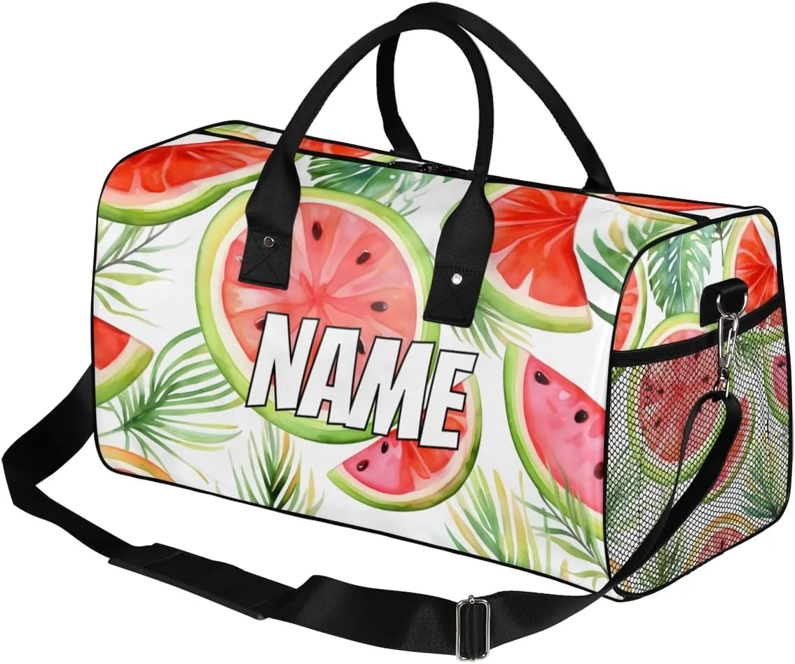 Personalized Summer Watermelon Travel Duffel Bag with Name, Custom Gym Sport Bag Cartoon Fruit Carry On Weekend Overnight Duffel Bag for Men Women