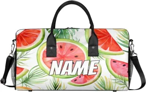 Personalized Summer Watermelon Travel Duffel Bag with Name, Custom Gym Sport Bag Cartoon Fruit Carry On Weekend Overnight Duffel Bag for Men Women