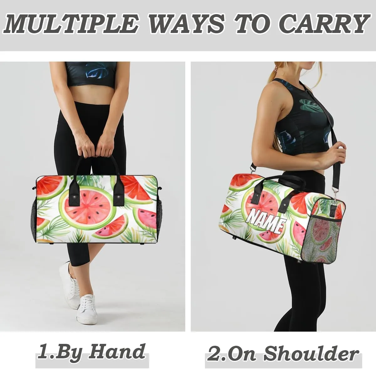 Personalized Summer Watermelon Travel Duffel Bag with Name, Custom Gym Sport Bag Cartoon Fruit Carry On Weekend Overnight Duffel Bag for Men Women
