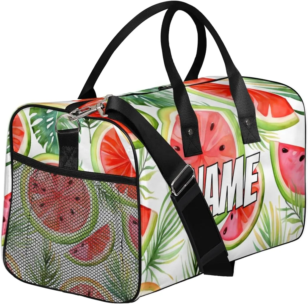 Personalized Summer Watermelon Travel Duffel Bag with Name, Custom Gym Sport Bag Cartoon Fruit Carry On Weekend Overnight Duffel Bag for Men Women