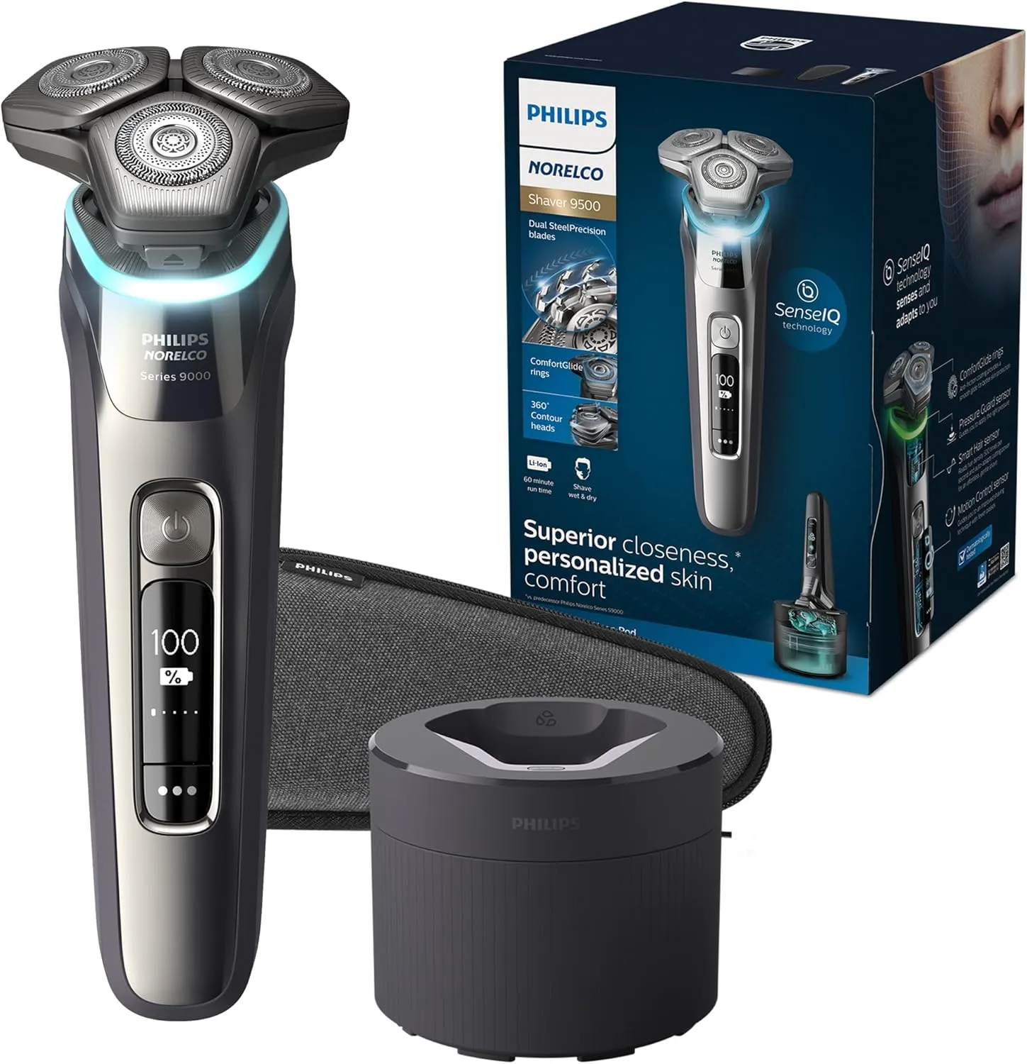 Philips Norelco Shaver Series 9000, Wet and Dry Electric Shaver, with Lift & Cut Shaving System and SenseIQ Technology, Pop-up Trimmer, Cleaning Pod and Travel Case, Chrome Silver, Model S9985/84