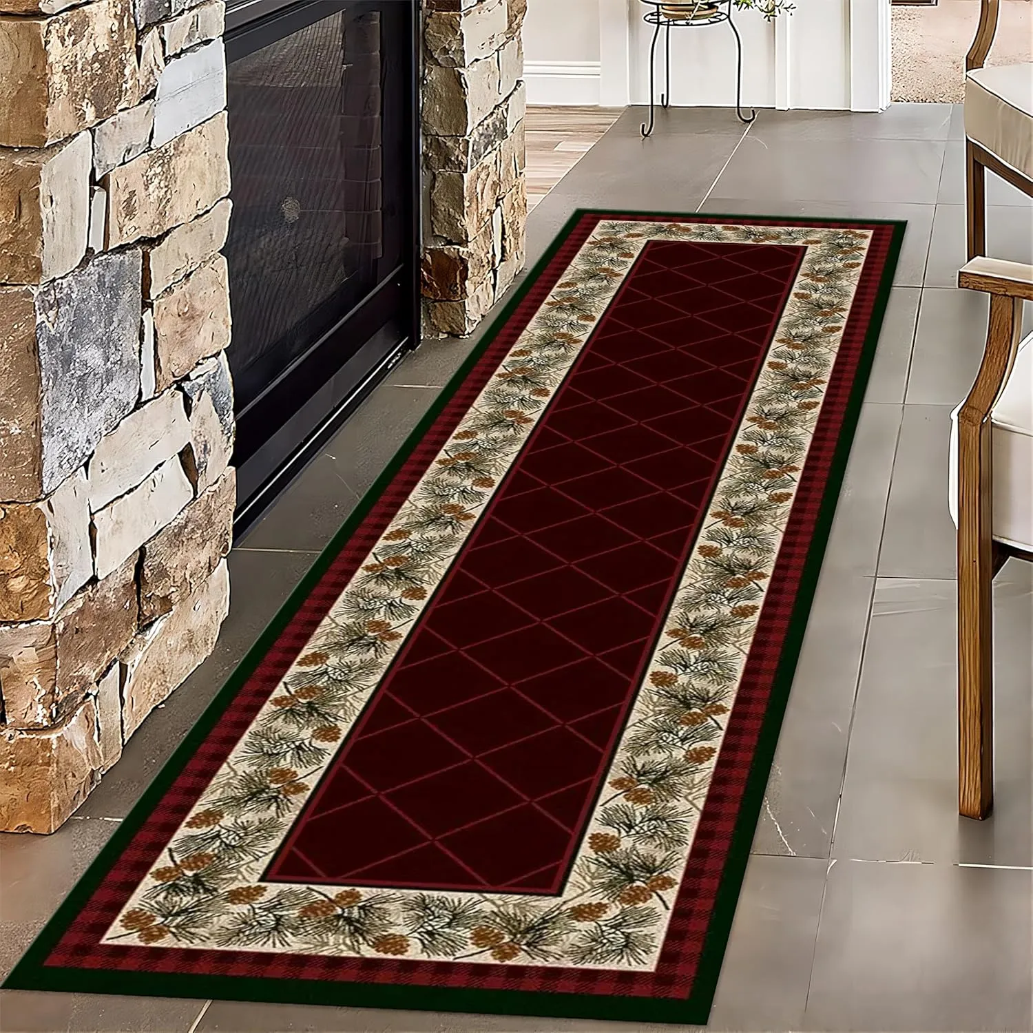 Pine Cone Hallway Runner Rug for Walkway, 2x10ft, Classic Retro Red Plaid Indoor Rug, Soft Non-Slip Absorbent Kitchen Mats, Cozy Thin Non-Shedding Low Pile Rug for Porch Laundryroom