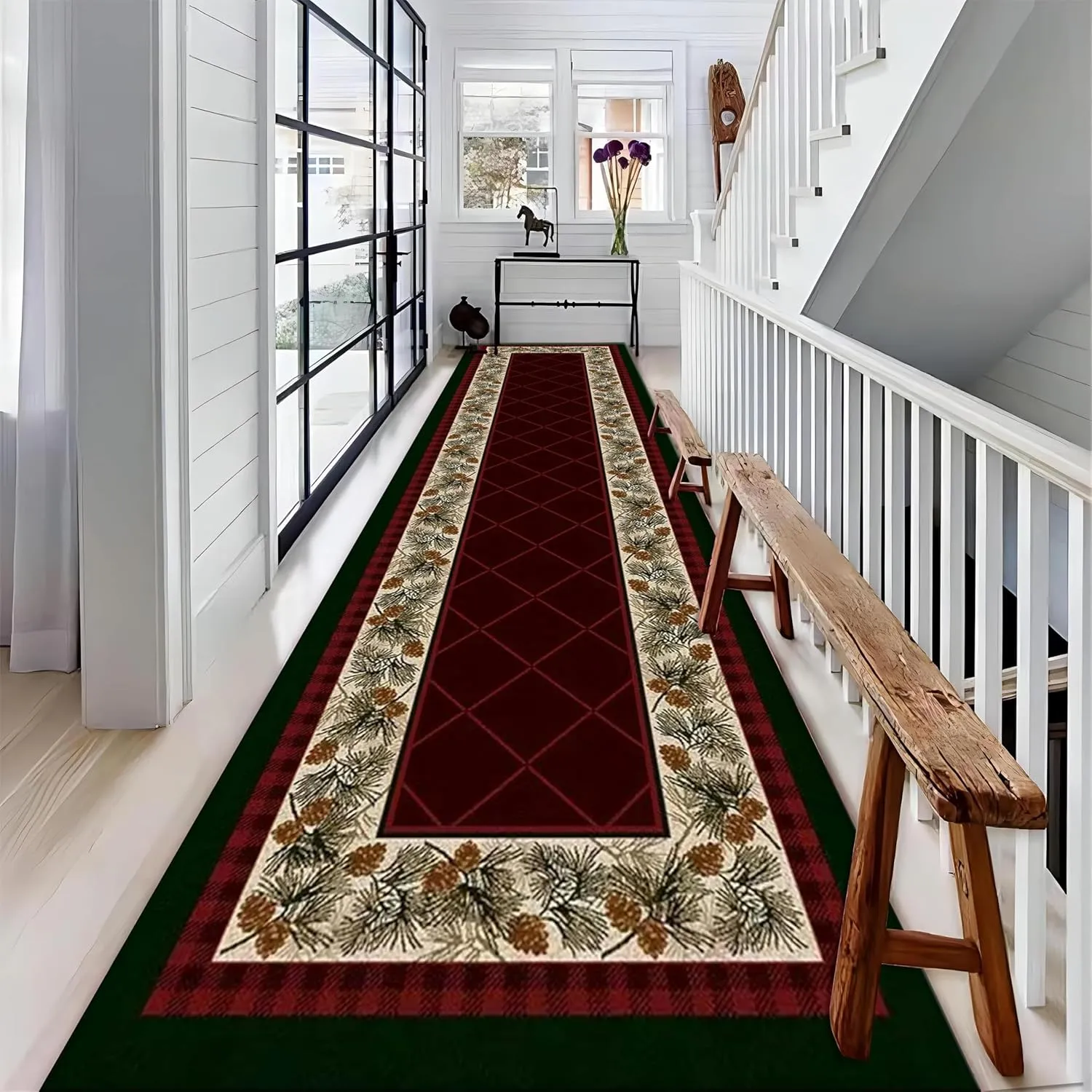Pine Cone Hallway Runner Rug for Walkway, 2x10ft, Classic Retro Red Plaid Indoor Rug, Soft Non-Slip Absorbent Kitchen Mats, Cozy Thin Non-Shedding Low Pile Rug for Porch Laundryroom