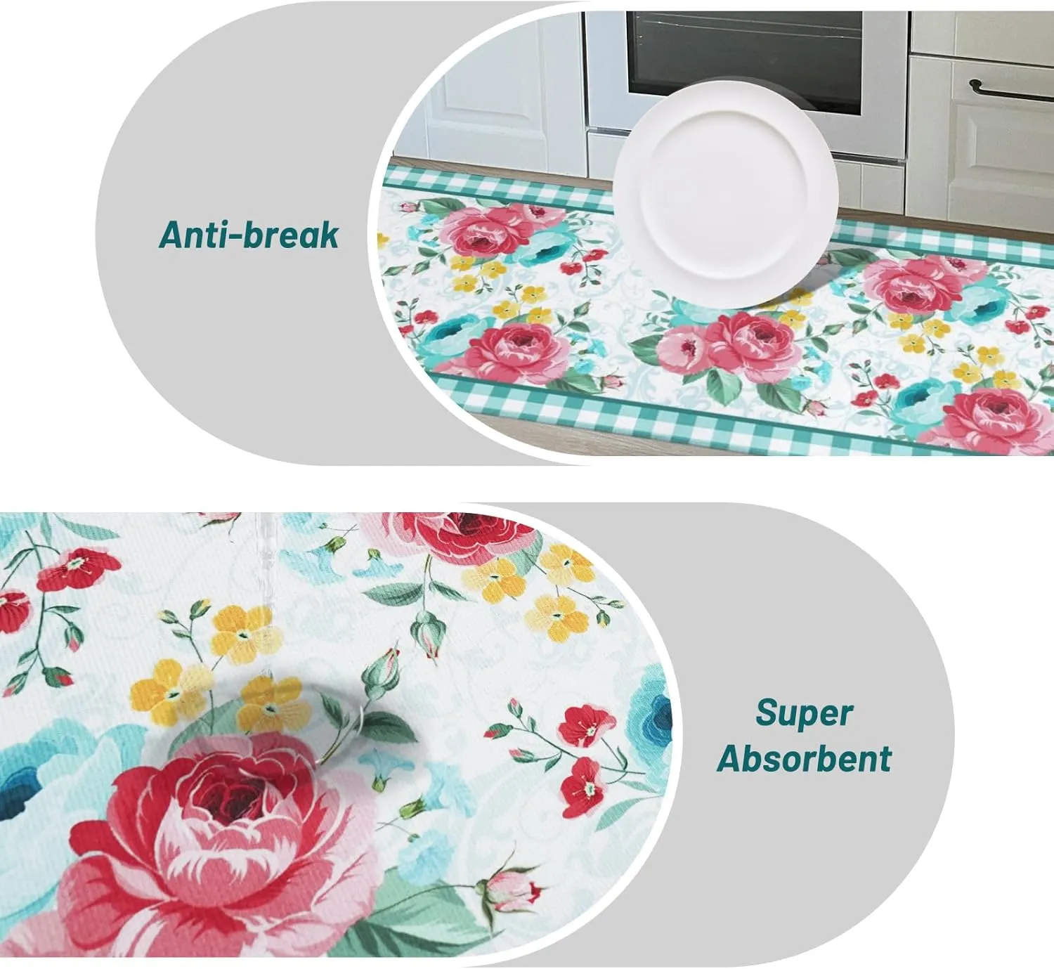 Pioneer Woman Kitchen Rugs and Mats Non-Skid Washable for Floor, Floral Pioneer Woman Teal Kitchen Decor and Accessories Kitchen Mat Set of 2, 17"x30" 17"x47"