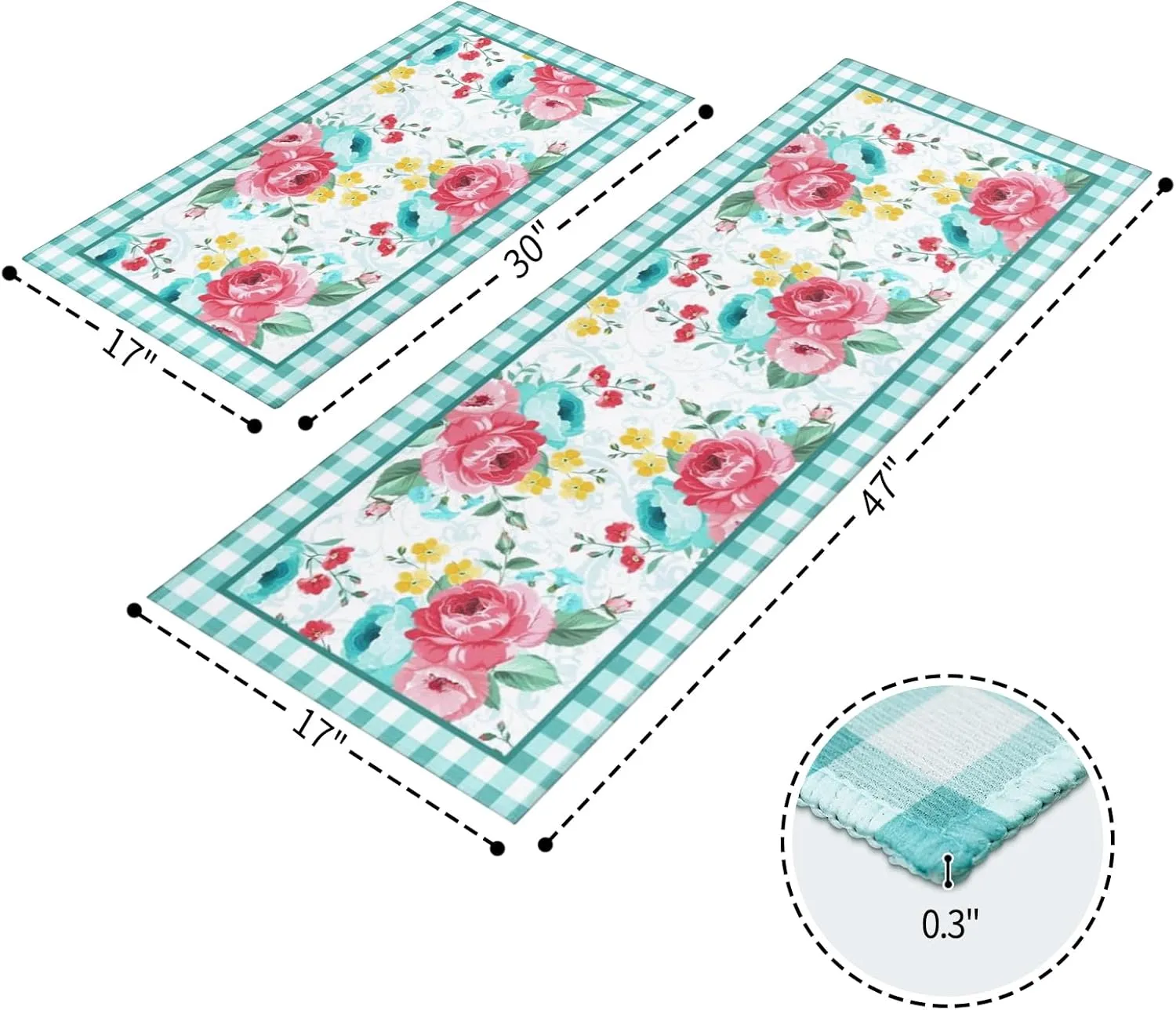 Pioneer Woman Kitchen Rugs and Mats Non-Skid Washable for Floor, Floral Pioneer Woman Teal Kitchen Decor and Accessories Kitchen Mat Set of 2, 17"x30" 17"x47"