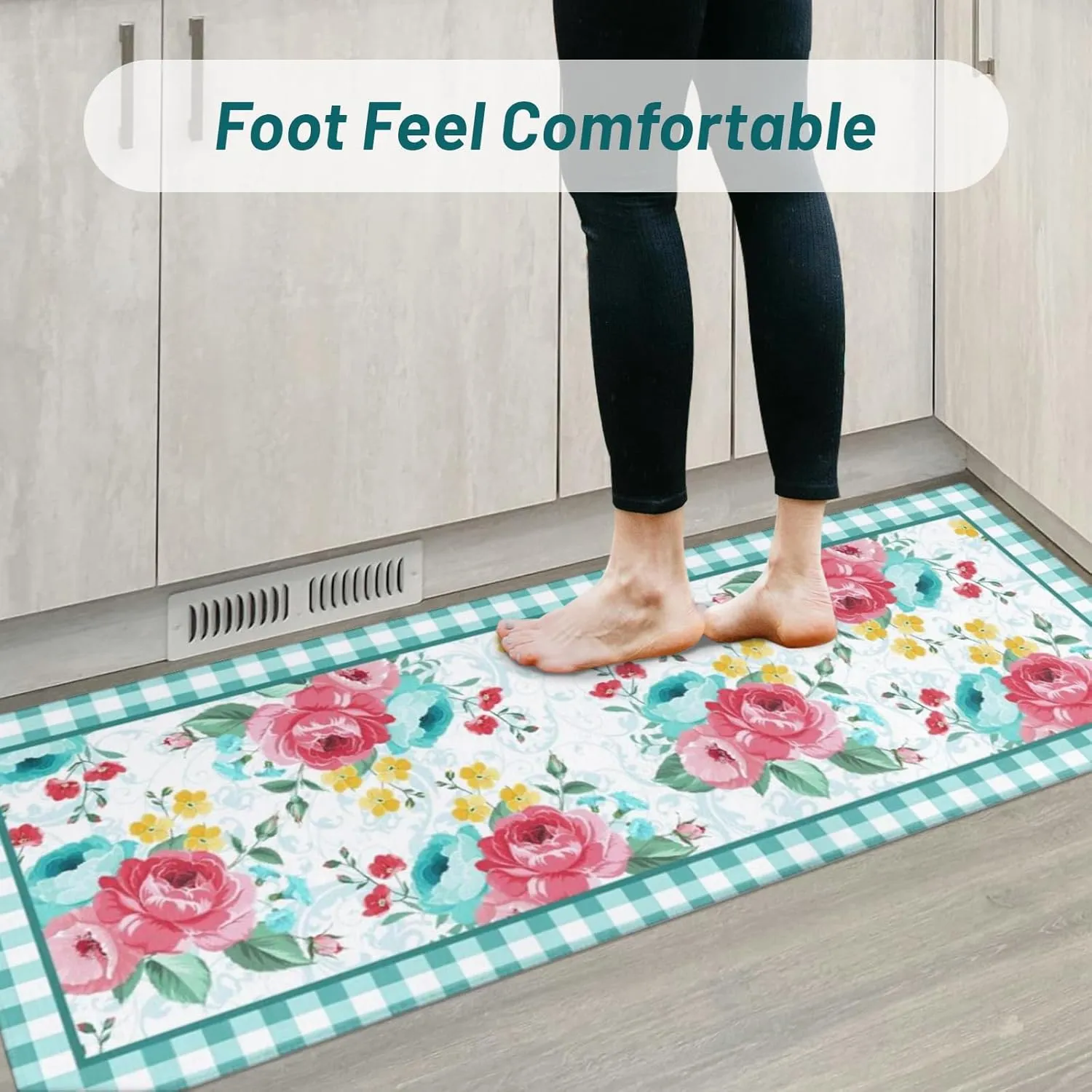 Pioneer Woman Kitchen Rugs and Mats Non-Skid Washable for Floor, Floral Pioneer Woman Teal Kitchen Decor and Accessories Kitchen Mat Set of 2, 17"x30" 17"x47"