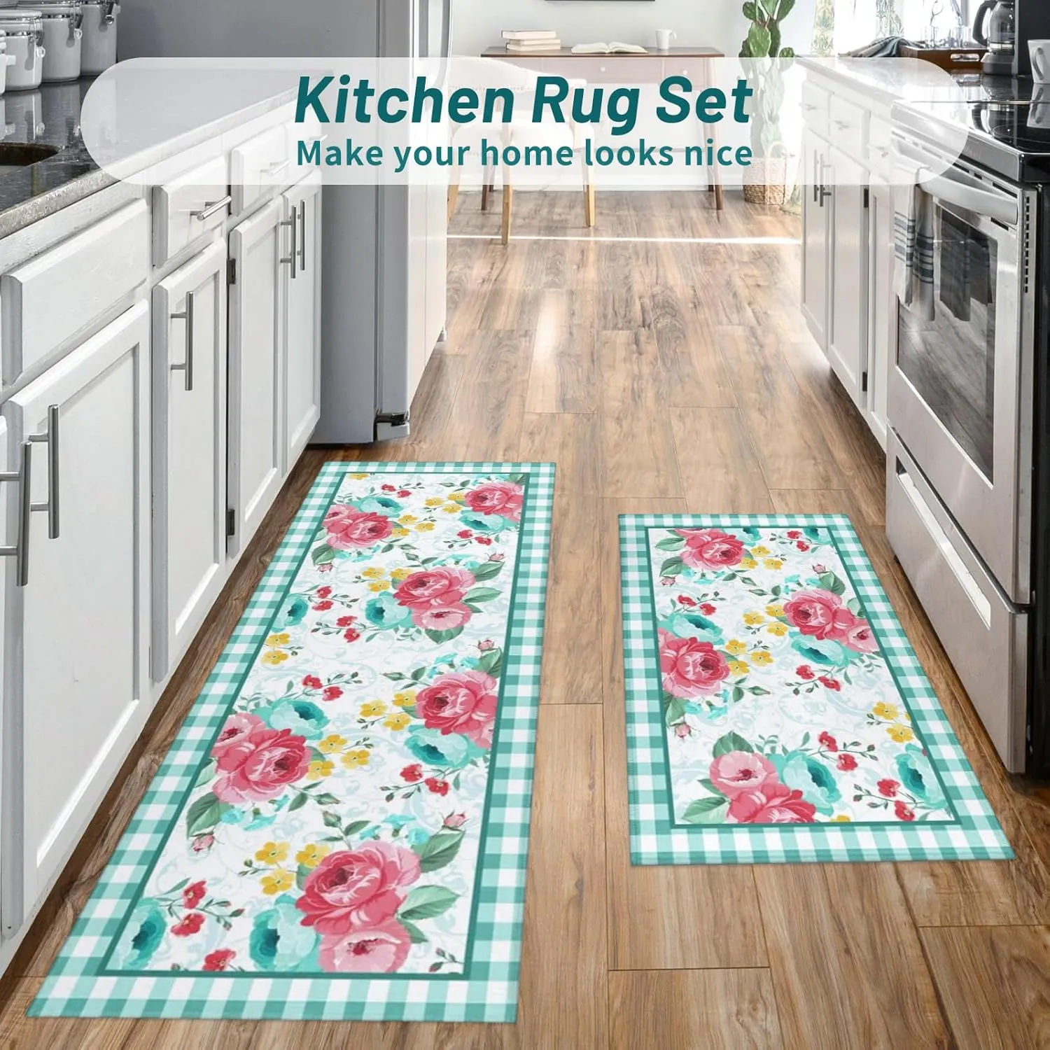 Pioneer Woman Kitchen Rugs and Mats Non-Skid Washable for Floor, Floral Pioneer Woman Teal Kitchen Decor and Accessories Kitchen Mat Set of 2, 17"x30" 17"x47"