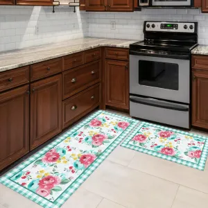 Pioneer Woman Kitchen Rugs and Mats Non-Skid Washable for Floor, Floral Pioneer Woman Teal Kitchen Decor and Accessories Kitchen Mat Set of 2, 17"x30" 17"x47"
