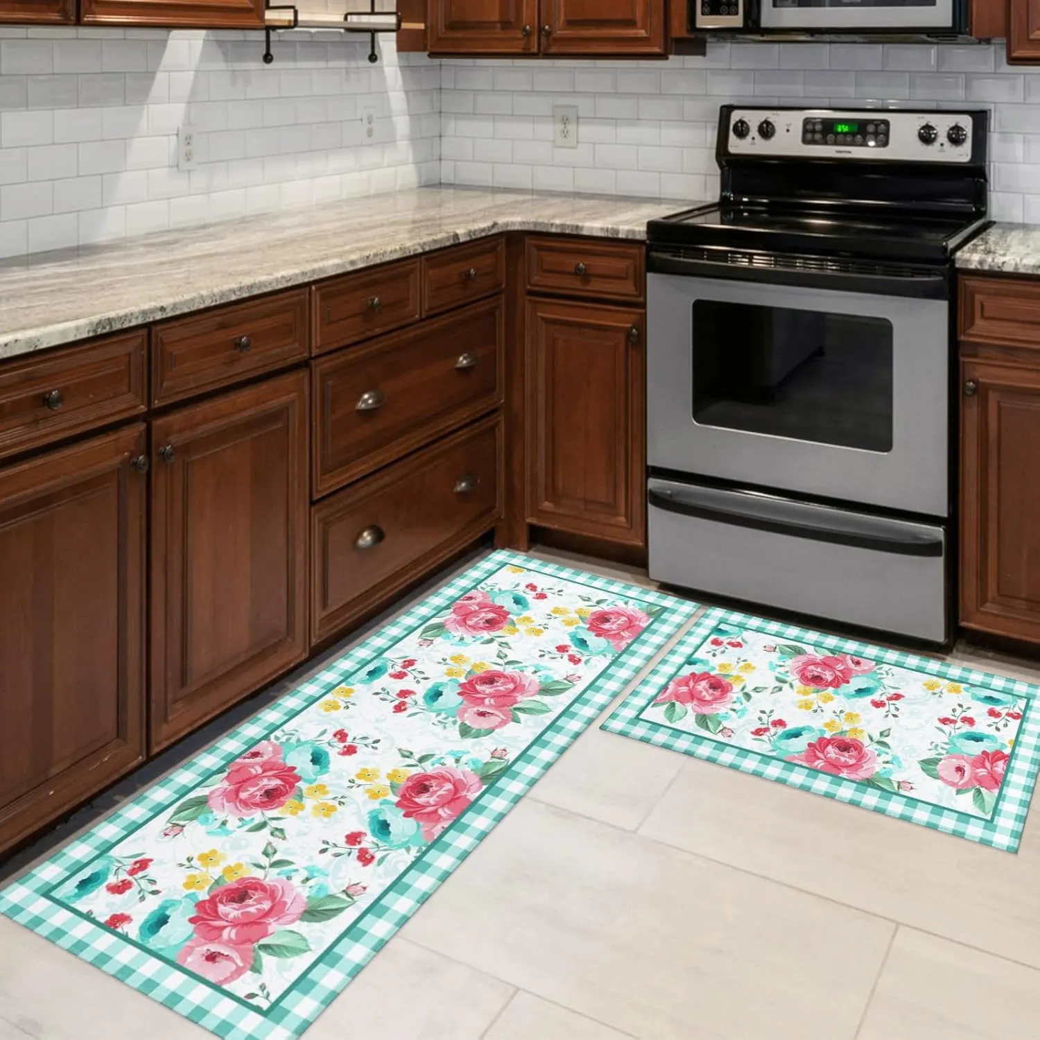 Pioneer Woman Kitchen Rugs and Mats Non-Skid Washable for Floor, Floral Pioneer Woman Teal Kitchen Decor and Accessories Kitchen Mat Set of 2, 17"x30" 17"x47"