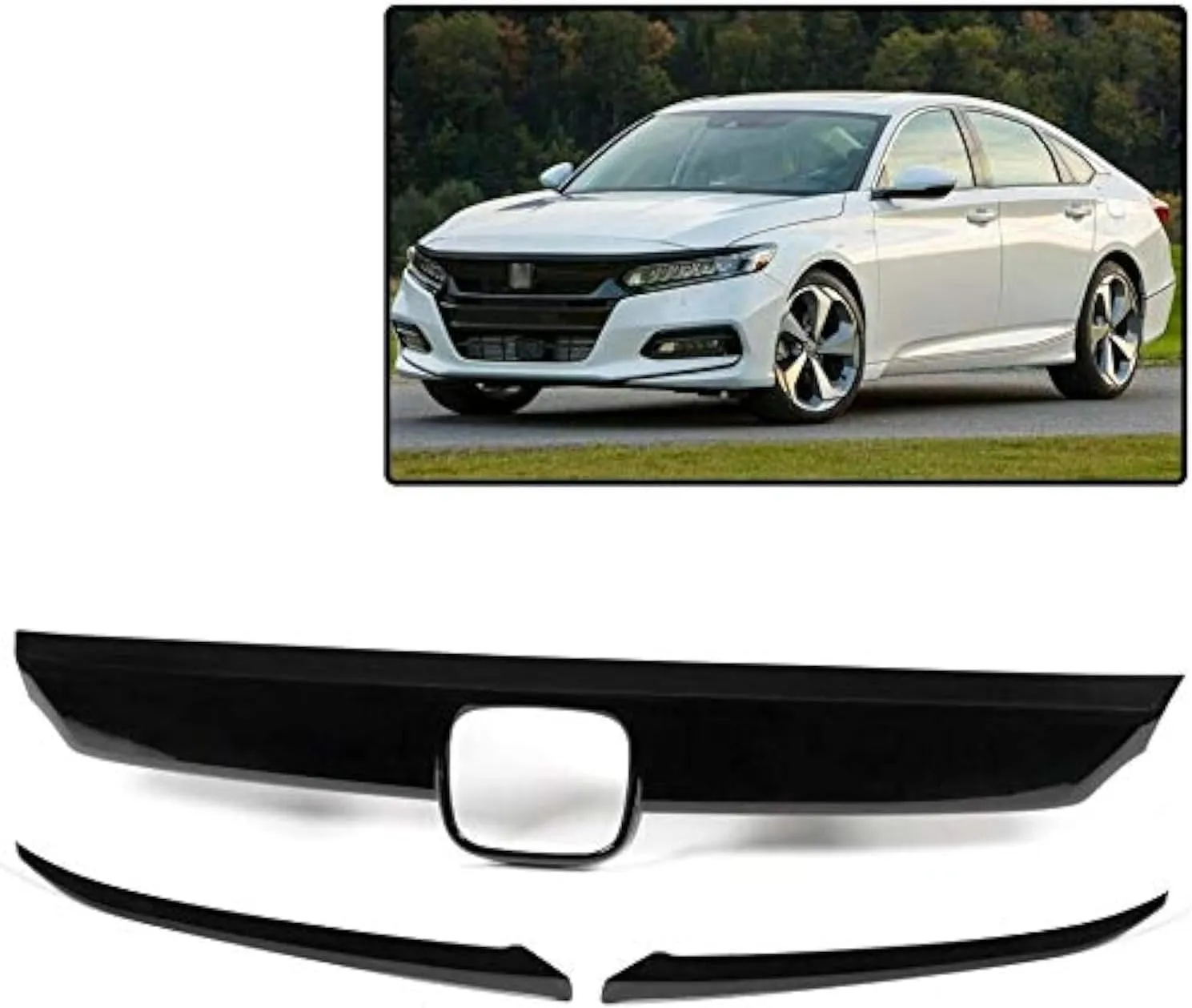 PIT66 Front Lip Bumper Upper Grille Molding Trim & Eyelid Cover, Compatible With Honda Accord 10th Gen Sedan 2018-2019 (Only Works With Regular Grill, Not For Optional Sport Style) 3PCS Gloss Black