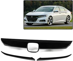 PIT66 Front Lip Bumper Upper Grille Molding Trim & Eyelid Cover, Compatible With Honda Accord 10th Gen Sedan 2018-2019 (Only Works With Regular Grill, Not For Optional Sport Style) 3PCS Gloss Black