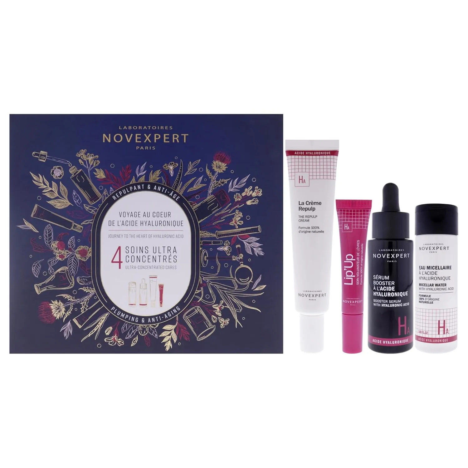 Plumping and Anti-Aging Set for Women - 4 Pc 1.6oz Micellar Water with Hyaluronic, 1oz Hyaluronic Acid Booster Serum, 1.35oz The Repulp Cream, 0.27oz Plumping Lip Care