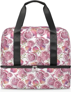 Pomegranate Fruit Travel Bag Double Tier Zip Closure Weekender Bag with Leather Handle Waterproof Sports Tote Gym Bag for Swim Beach Gym Yoga